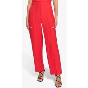 DKNY Pants SZ 16 Flame Red Gold Zippers NWT Cargo Straight Wide Leg Twill Office